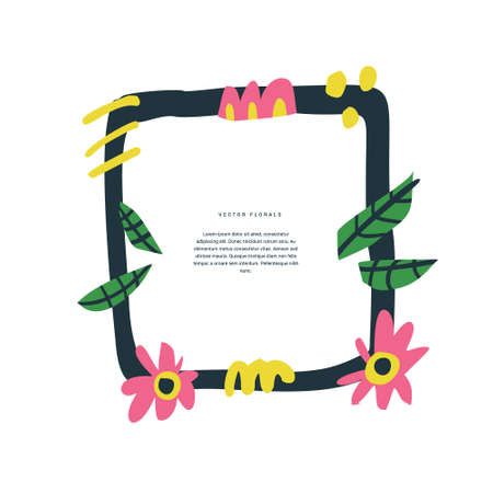 Floral greeting card hand drawn color template. Decorative square frame with vector blossom, inflorescence. Flowers cartoon illustration with copyspace. Scrapbook, wedding invitation design conceptのイラスト素材