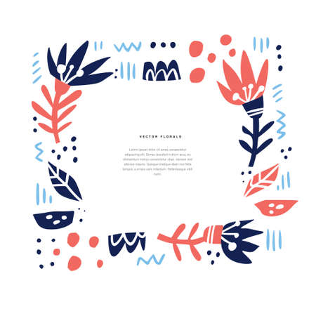 Floral greeting card hand drawn vector layout. Decorative square frame with blossom and abstract sketches. Foliage cartoon illustration with text space. Wedding invitation, postcard designのイラスト素材