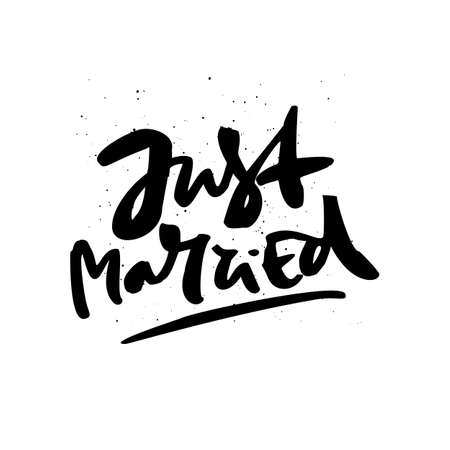 Just married freehand handwritten message. Newlyweds car sign inscription. Black ink calligraphy with paint drops. Married couple t-shirt print. Wedding celebration banner, poster design elementのイラスト素材