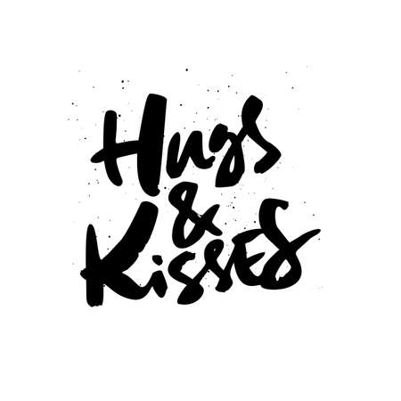 Hugs and Kisses handdrawn lettering. Romantic quote, phrase ink brush calligraphy. Valentine day handwritten vector saying isolated on white background. Greeting card typography design elementのイラスト素材