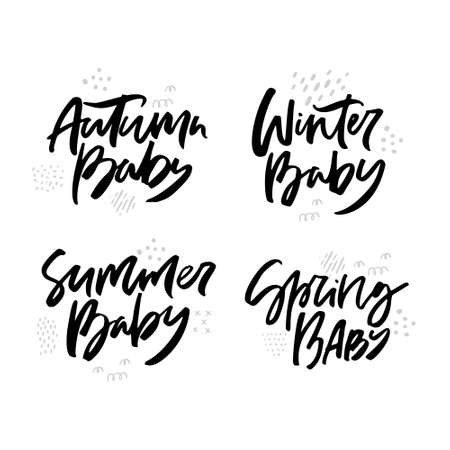 Baby shower, arrival vector calligraphy set. Autumn, summer, winter, spring baby hand drawn lettering. Newborn birthday celebration greeting cards. Isolated monochrome cliparts. Handwritten phrasesのイラスト素材