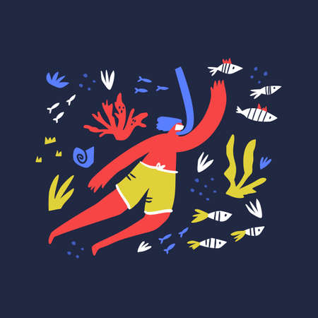 Snorkeling and rest idea flat vector illustration. Ocean flora. Man swimming underwater cartoon character. Marine inhabitants and seaweed simple composition. Summer leisure conceptのイラスト素材