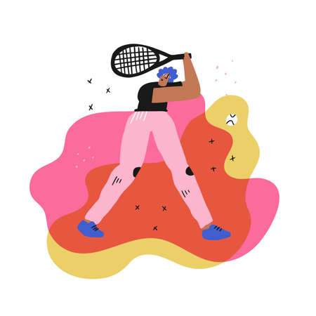 Tennis player in action flat hand drawn illustration. Woman doing two-handed forehand strike cartoon character. Athlete in sport suit scandinavian style. Championship concept. T shirt print designのイラスト素材