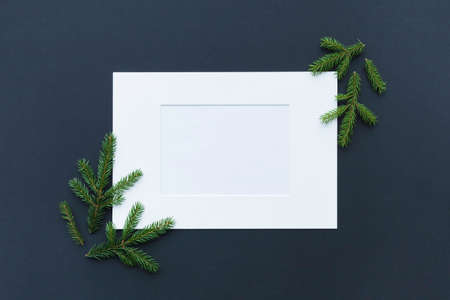 Christmas composition on black background, beautiful natural decorations and copy space for your greetings or textの写真素材