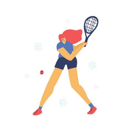 Tennis player in motion flat hand drawn illustration. Athlete hitting two-handed backhand cartoon character. Young girl in sportswear scandinavian style. Active lifestyle concept. T shirt print designのイラスト素材