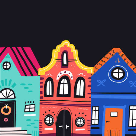 Cute vintage houses facades flat