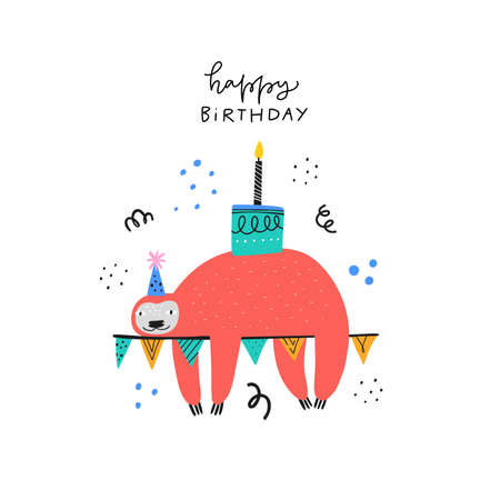 Happy birthday wishes cute greeting card template. Adorable sloth with bday cake cartoon illustration. Funny animal in party hat with handwritten lettering for childish postcard, poster designのイラスト素材
