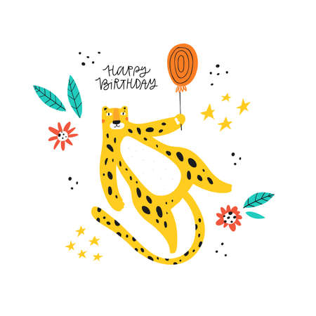 Happy birthday wishes vector greeting card template. Cute jaguar with balloon cartoon illustration. Funny leopard, cheetah with bday greetings for decorative postcard, party poster designのイラスト素材