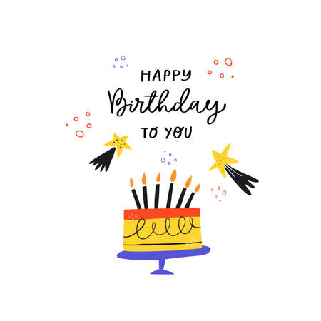 Bday cake and handwritten congratulationのイラスト素材
