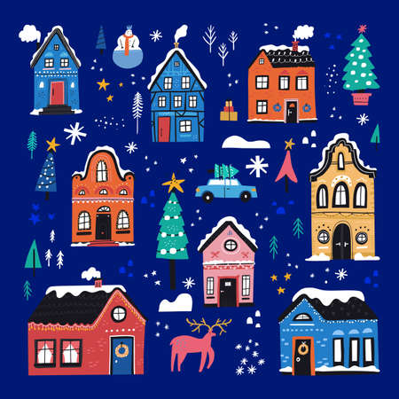 Cute Christmas houses flat vectorのイラスト素材