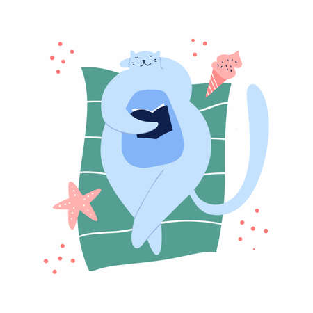 Cat on the rest read the book on deck chair near the sea. Reading and relax. Scandinavian flat hand drawn vector character illustration of summer vacation on the sand beach with ice cream and starfish.のイラスト素材