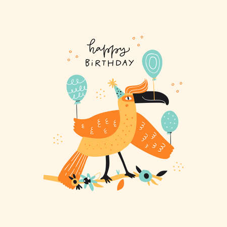 Bird with balloons flat illustrationのイラスト素材