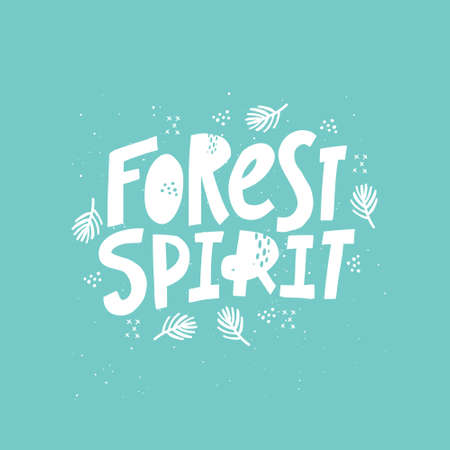 Forest spirit hand drawn monocolor vector lettering. Freehand white inscription isolated on blue background. Tree branches and dot spots design element. Nature ambience, woodland conceptのイラスト素材
