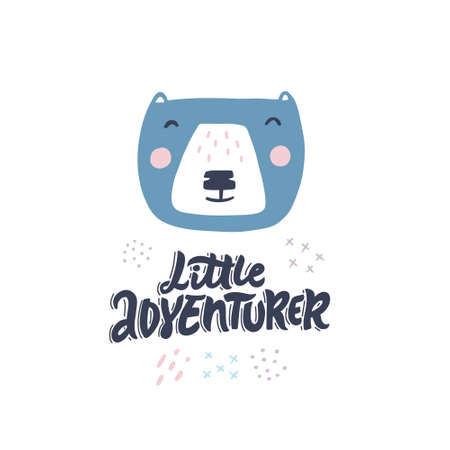 Little adventurer hand drawn color vector lettering. Cute animal in scandinavian style flat illustration. Wild bear and inscription calligraphy on white backdrop. Child t shirt design ideaのイラスト素材