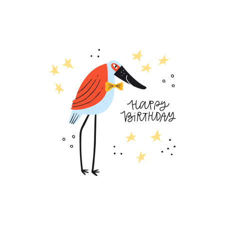 Heron with happy birthday phrase flat illustration. Exotic wild animal hand drawn vector character on white background. Elegant bird with congratulation phrase. Greeting card design elementのイラスト素材