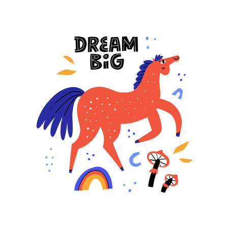 Happy walking horse. Stallion galloping, jumping, vaulting. Dream big. Handwriting lettering phrase. Equestrian sport flat hand drawn color vector illustration. Racehorse. Scandinavian style.のイラスト素材