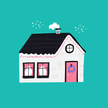 Cottage with Xmas decoration flatのイラスト素材