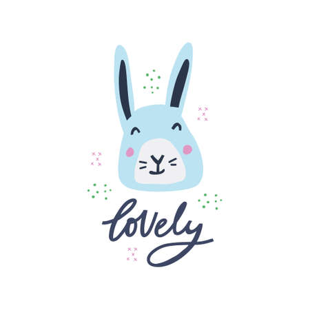 Lovely hand drawn decorative color vector lettering. Cute skyblue hare in scandinavian style flat illustration. Wild rabbit and inscription calligraphy on white backdrop. Child t shirt design ideaのイラスト素材