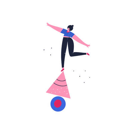 Girl on circle and triangle vector illustration. Work, self development concept. Balancing female doodle drawing. Woman standing on geometric shapes flat character isolated on white backgroundのイラスト素材