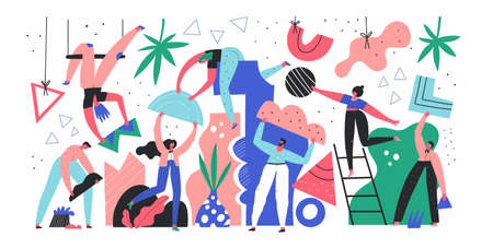 Team building and work flat vector illustration. Business partners, company staff, colleagues doodle drawing. Office managers, coworkers holding geometric shapes isolated cartoon charactersのイラスト素材