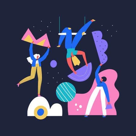 Team work and cooperation flat vector illustration. Coworking, partnership concept. People with geometric shapes doodle drawing. Coworkers cartoon characters isolated on blue backgroundのイラスト素材