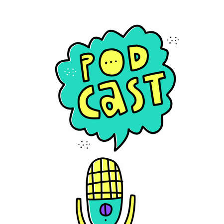 Radio tool, mic and speech bubble doodle icon. Sound recording media equipment handdrawn vector illustration. Microphone, podcast studio instrument color drawing isolated on white backgroundのイラスト素材