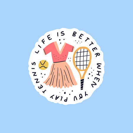 Life is better when you play tennis hand drawn vector lettering. Sportswear and sport equipment flat illustration with typography. Handwritten positive phrase inscription isolated doodle drawingのイラスト素材