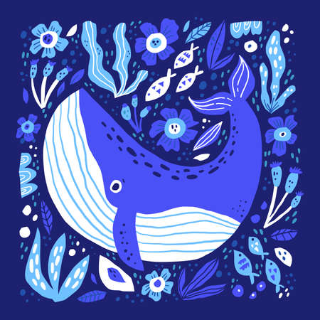 Adorable whale hand drawn flat vector illustration. Funny sea life cartoon character. Large ocean animal with flowers isolated on dark blue background. Childish t shirt print designのイラスト素材