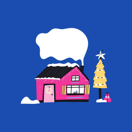 House and Xmas tree flatのイラスト素材