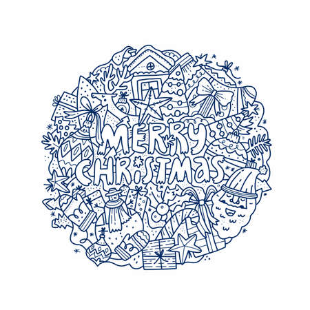 Merry Christmas phrase circle doodle composition illustration. Winter season holiday creative outline design element. Santa Claus, fir tree toys for coloring book. Xmas items isolated line artのイラスト素材