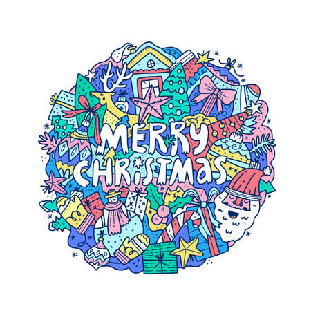 Merry Christmas circle color doodle composition illustration. Xmas festive wish phrase. Winter season holiday creative postcard. Santa Claus, fir tree toys isolated design element on whiteのイラスト素材