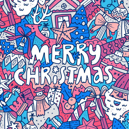 Merry Christmas phrase with doodle festive illustrations. Winter season holiday creative cartoon background with typography. Santa Claus, fir tree toys items. Xmas greeting card templateのイラスト素材