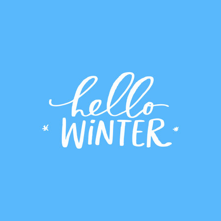 Hello winter flat vector greeting card template. White handwritten wintertime phrase isolated on blue background. Minimalist seasonal postcard, December social media post design with letteringのイラスト素材