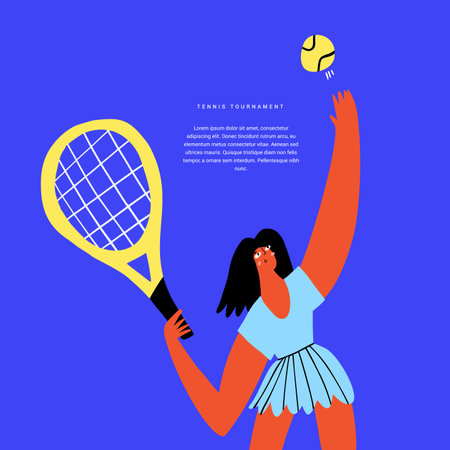 Tennis sports tourney flat vector banner template. Tournament, competition announcing poster design idea. Woman with ball and racket, female tennis player with sports equipment cartoon characterのイラスト素材