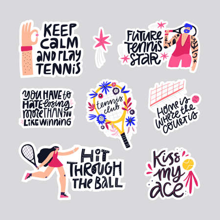 Tennis quotes hand drawn vector letterings set. Athletes and sport equipment flat illustrations with typography collection. Handwritten motivational phrases inscriptions isolated doodle drawings packのイラスト素材