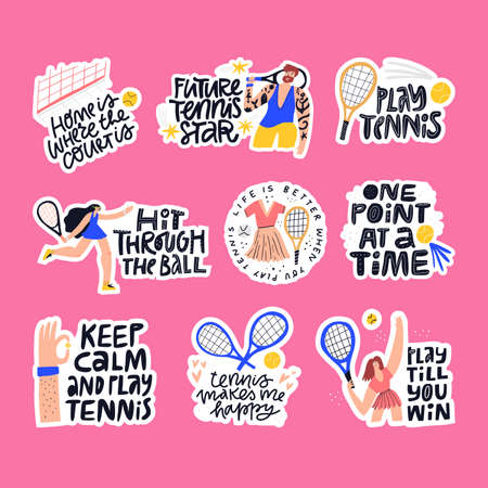 Tennis quotes, sport phrases vector letterings set. Athletes and sport facilities flat illustrations with typography collection. Handwritten mottos inscriptions isolated doodle drawings packのイラスト素材