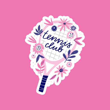 Tennis club, sport hand drawn vector lettering. Positive phrase and sports equipment flat illustration with typography. Tennis racket with flowers doodle drawing isolated on pink backgroundのイラスト素材