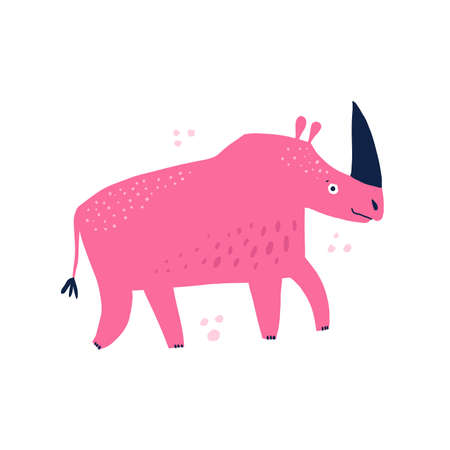 Pink rhino hand drawn flat vector illustration. Cheerful cute rhinoceros cartoon character. Funny african wildlife, exotic animal isolated on white background. Childish t shirt print designのイラスト素材