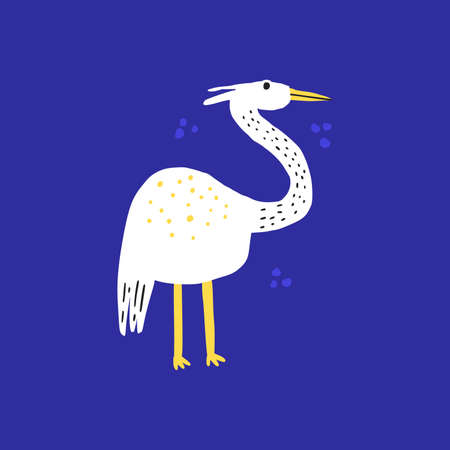Funny exotic bird hand drawn vector illustration. Cute wildlife, white heron cartoon character. Adorable flying animal with long neck isolated on blue background. Childish t shirt print designのイラスト素材