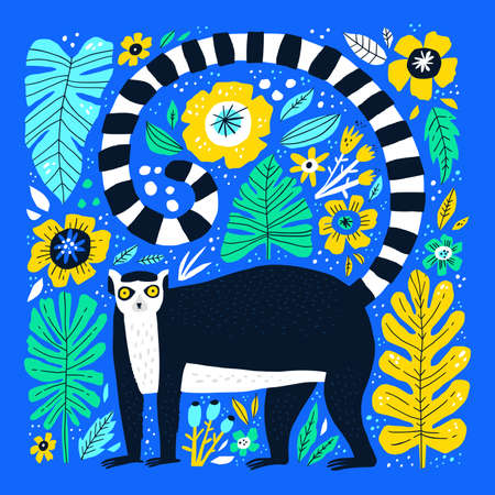 Cute lemur hand drawn flat vector illustration. Adorable catta cartoon character. Funny exotic animal with leaves and flowers isolated on blue background. Childish t shirt print designのイラスト素材
