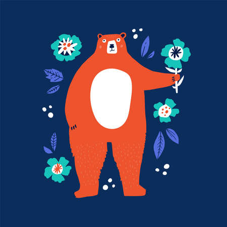 Cute bear holding flower flat vector illustration. Adorable forest wildlife hand drawn character. Funny animal in striped sweater isolated on blue background. Childish t shirt print designのイラスト素材