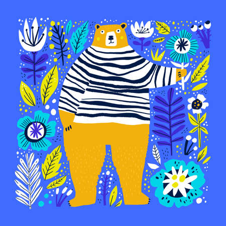 Cute bear holding flower flat vector illustration. Adorable forest wildlife hand drawn character. Funny animal in striped sweater isolated on blue background. Childish t shirt print designのイラスト素材