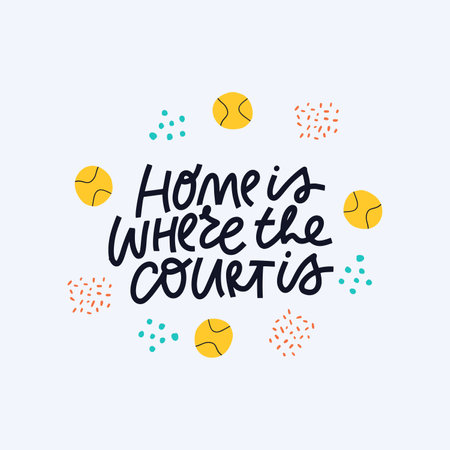 Home is where court is vector calligraphy. Tennis balls flat illustration with typography. Sports quote handwritten lettering, sports facilities doodle drawing isolated on blue backgroundのイラスト素材