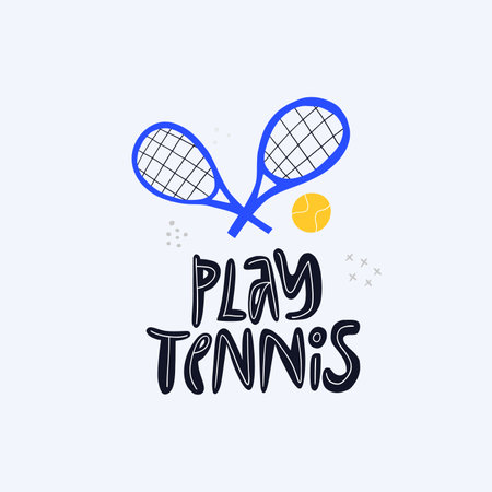 Play tennis, sports tools flat vector lettering. Motivational phrase, racquet and ball flat illustration with typography. Tennis equipment doodle drawing isolated on white backgroundのイラスト素材