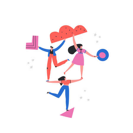 Girls and man on triangle flat vector illustration. Teamwork, support concept. Balancing people, businessman and businesswomen doodle drawing. Businesspeople with geometric shapes cartoon charactersのイラスト素材