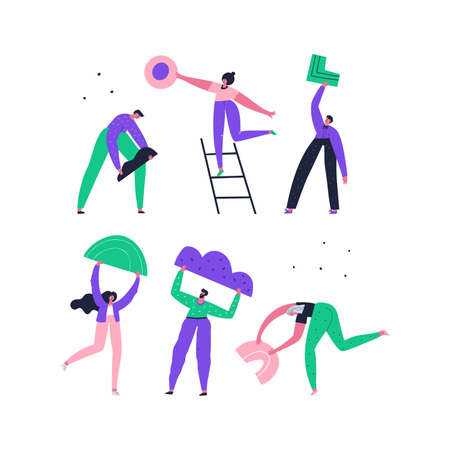 Hard work and success vector illustrations set. Self development, accomplishment concept. People holding irregular shapes doodle drawings collection. Businesspeople isolated flat characters packのイラスト素材
