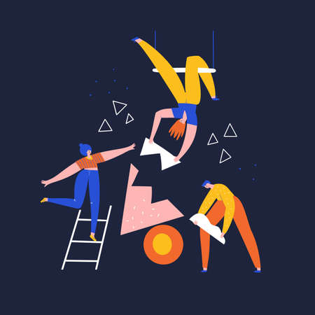 Team building, work, aid flat vector illustration. Partnership, problem solving concept. People with geometric shapes, women collecting puzzle doodle drawing. Coworkers isolated cartoon charactersのイラスト素材