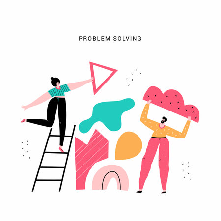 Team work and problem solving vector illustration. Partners, people with geometric shapes doodle drawing. Teamwork, cooperation concept. Woman on ladder and man holding cloud isolated flat charactersのイラスト素材