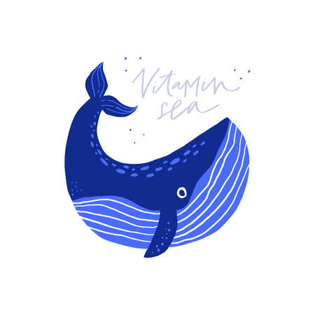 Cute whale flat vector illustration with text. Funny ocean animal hand drawn cartoon character with lettering on white background. Vitamin sea phrase with adorable sealife for t shirt print designのイラスト素材