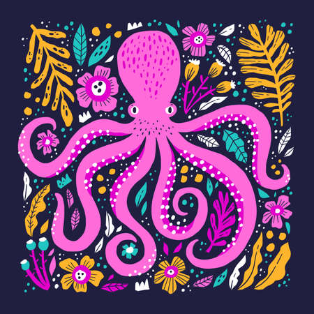 Pink octopus hand drawn flat vector illustration. Sea life, squid cartoon character. Aquatic animal with tentacles in floral frame isolated on dark background. Doodle style t shirt print designのイラスト素材